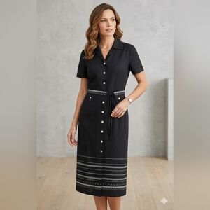 Positive Attitude XL Black and White Linen/ Rayon Midi Shirt Dress Vintage